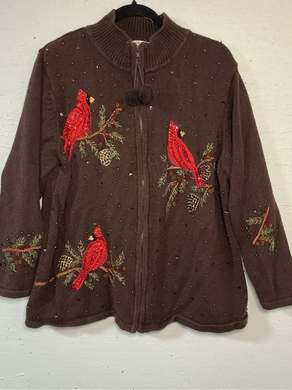 Quacker Factory Women's Cardinal Themed Cardigan. Size 1X. Brown Color.